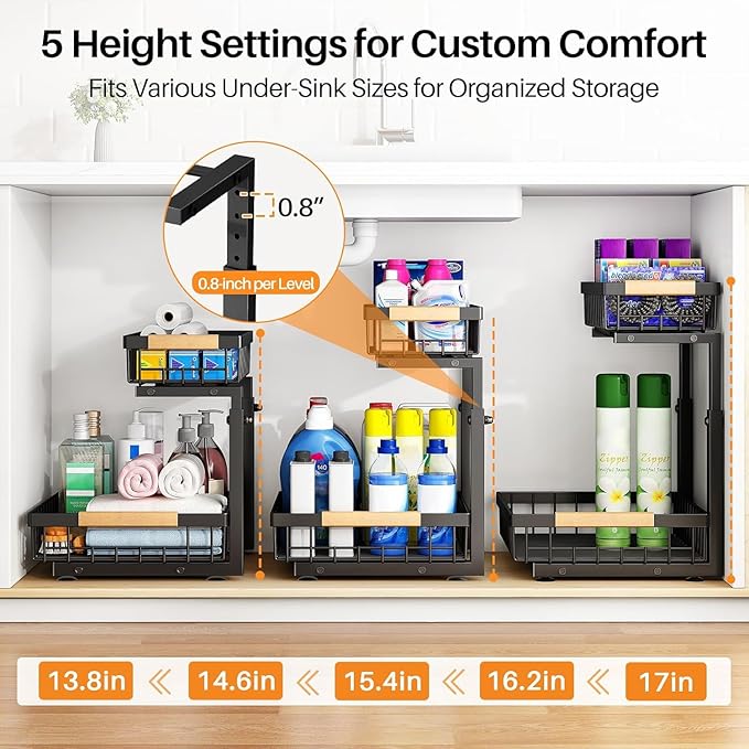 PXRACK 2 Pack Under Sink Organizer,Adjustable Height,2 Tier Pull Out Under Cabinet Organizer,Slide Out Thickened Metal Under Sink Storage for Kitchen Bathroom Laundry Cabinet Pantry,Black(L)