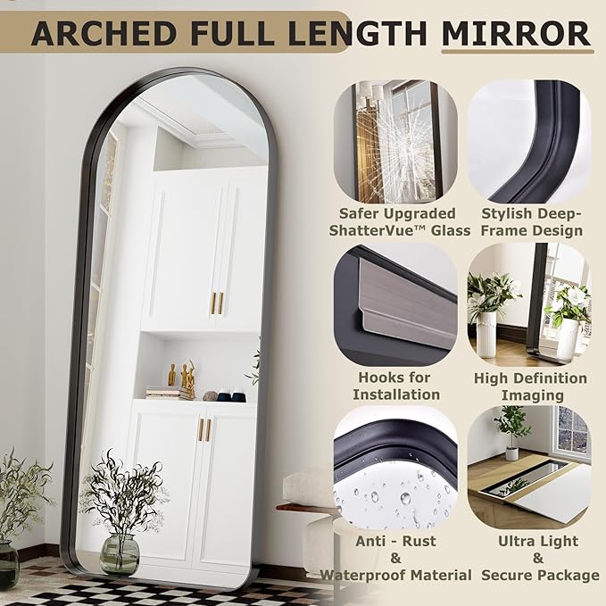 71''x30'' Full Length Mirror with Stand, Large Arched Floor Mirror for Bedroom, Living Room or Closet, Wall-Mounted or Freestanding, Black Aluminum Alloy Frame