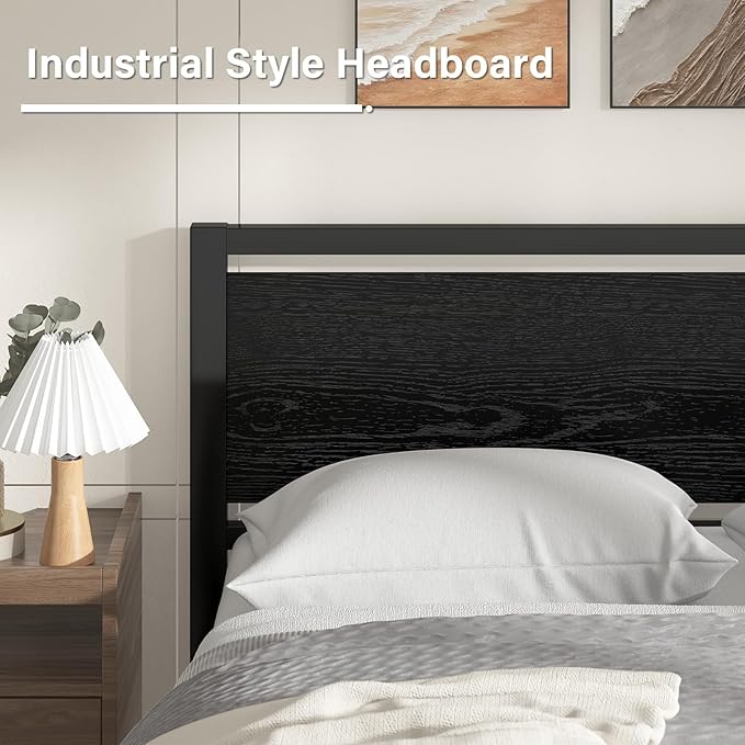 Full Size Bed Frame with Headboard, Industrial Style Full Bed Frame, Bed Frame Full Size with Wooden Footboard, No Box Spring Needed, Noise-Free, Easy Assembly, Black
