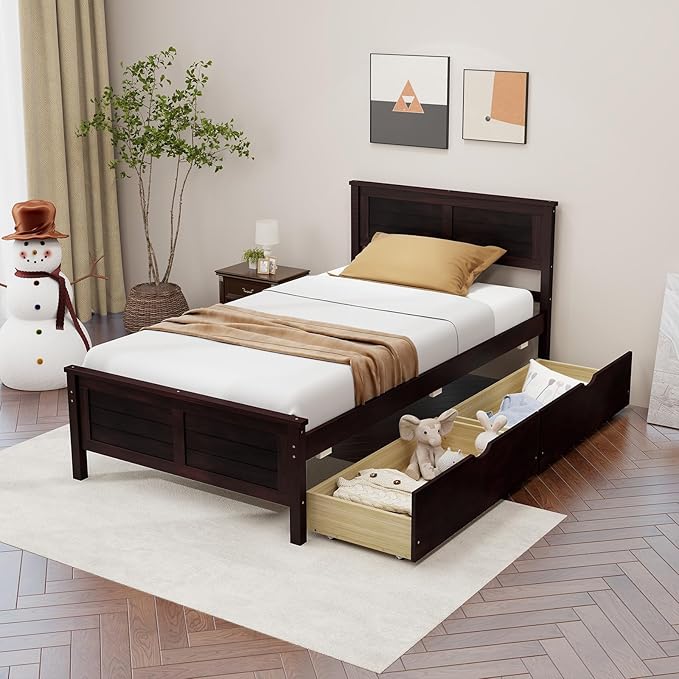 Giantex Wood Twin Bed with 2 Storage Drawers, Solid Wood Platform Bed with Headboard, Wooden Slats Support Mattress Foundation, No Spring Needed, Twin Bed Frame for Kids, Teens, Adults, Espresso