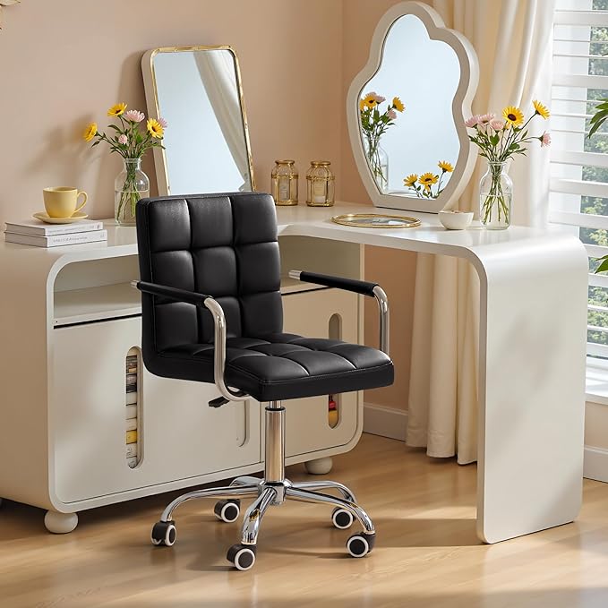 Furmax Mid-Back Office Task Chair Ribbed PU Leather Executive Chair Modern Adjustable Home Desk Chair Retro Comfortable Work Chair 360 Degree Swivel with Arms (Black)