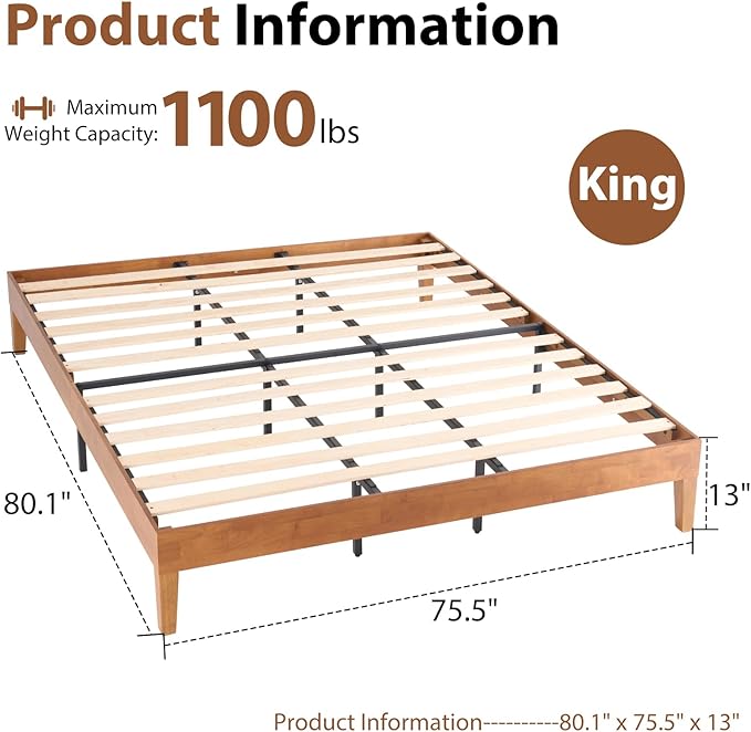 Sweetcrispy Solid Wood Bed Frame, King Size Bed Base with Wood Slat Support, Sturdy, Stylish & Noise-Free Design, No Box Spring Needed, Easy Assembly, Dark Brown