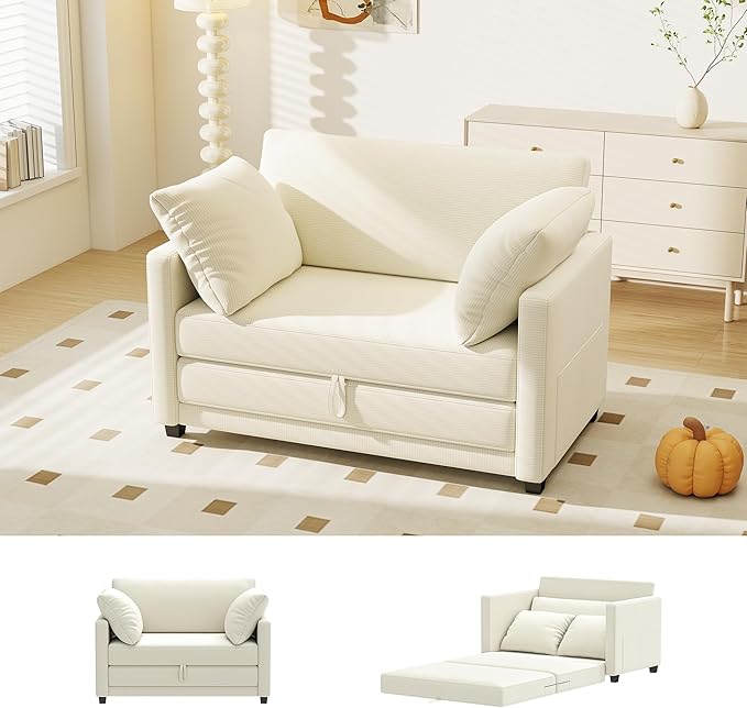 51" Convertible Loveseat Sofa Bed, 2-in-1 Folding Sofa Bed with 2 Pillow for Small Spaces, Modern Loveseat Sleeper Couch for Apartment, Living Room & Guest Room (Corduroy Beige, 51 inch)
