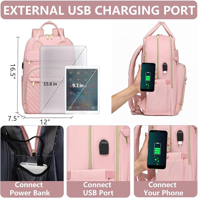 Laptop Backpack for Women Work Bag - 15.6 inch Travel Backpack with USB Charger Business Computer Backpacks for Office College Back pack for Teacher Casual Waterproof Bookbag for Nurses Pink