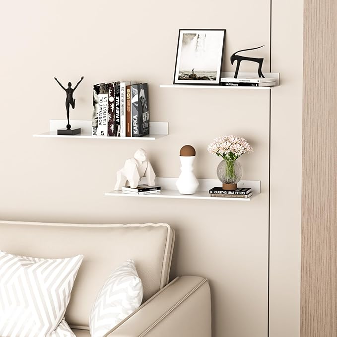 White Floating Wall Shelves for Bedroom, Modern Bathroom Shelves Wall Mounted No Drilling Set of 3, Metal Small Decor Floating Shelf for Living Room Office