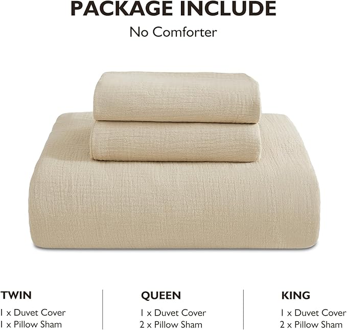 EMME Muslin Cotton Duvet Cover Set Light Tan King Size Linen Like Soft Breathable Lightweight Summer Comforter Cover Set with Zipper Closure (Light Tan, King, 104"x90")
