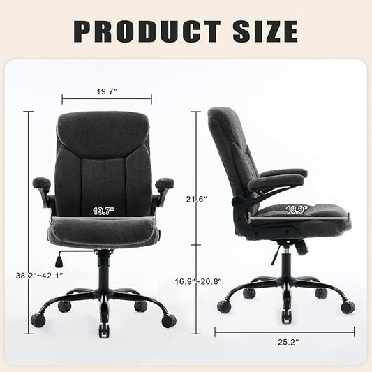 Executive Office Chair, Comfy Fabric Cloth Computer Chair Ergonomic Desk Chairs with Flip-up Armrests, Lumbar Support, 360° Swivel and Rocking Function for Home Office Chairs, Grey