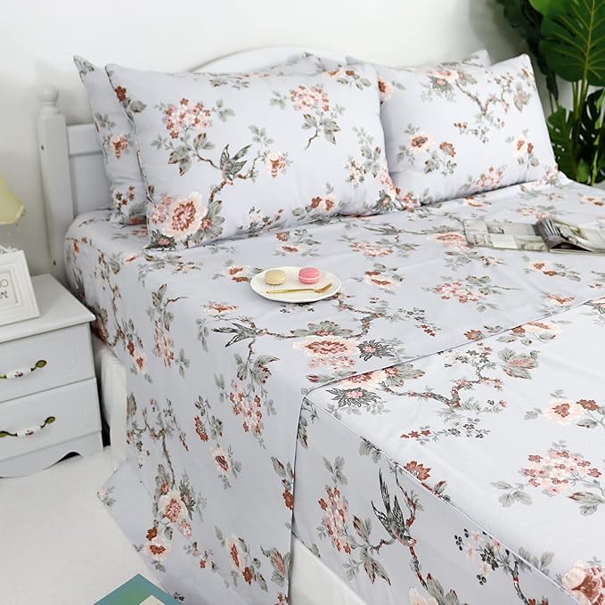 FADFAY Elegant Floral Full Sheet Set - Shabby Grey Bird Print Flower Bed Sheets, Vintage Farmhouse 100% Cotton Ultra Soft Girls Bedding With Deep Pocket Fitted Sheet, 4Pcs, Full Size