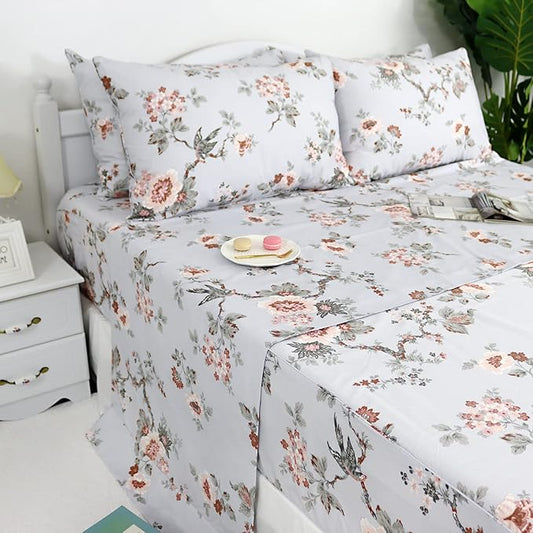 Fadfay Sheets Set - Twin XL Elegant Floral Bedding Shabby Grey Bird Print College Dorm Room Vintage Farmhouse Bed Sheet Set, 100% Cotton, Deep Pocket Fitted Sheet - 4pcs