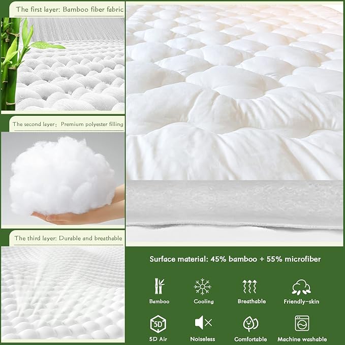 GRT Mattress Pad Cover Rayon from Bamboo Queen Size, Extra Thick Quilted Fitted Mattress Topper with 21 Inches Deep Pocket, Cooling Breathable and Noiseless Mattress Cover