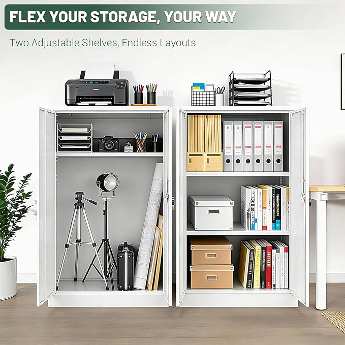 42" Folding Metal Storage Cabinet with Lock,2 Doors and 2 Adjustable Shelves,Quick Assembly Foldable Steel Cabinet for Office Home Garage,White