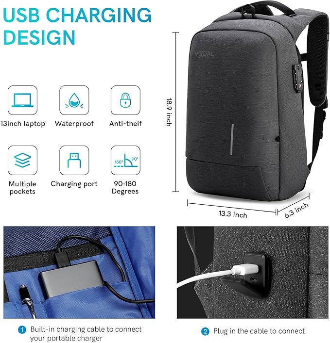 VGOAL Travel Laptop Backpack, Laptop Bookbag College Backpack Durable Water Proof with USB Charging Port for Men Women (FG6303-17)