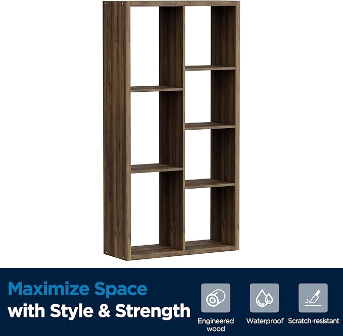 7 Cube Storage Organizer, Cube Shelf with Heavy-Duty Thick Boards, 25.12" L x 9.37" W x 48.74" H, Smooth Easy-Clean Panels, Simple Assembly, for Living Room Bedroom Office, Brown