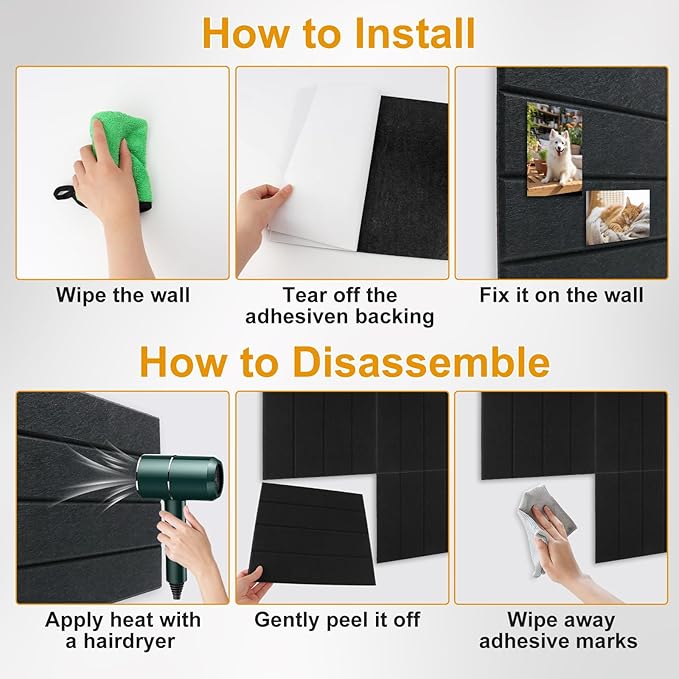 Felt Bulletin Board Tiles,Large Cork Board Alternative with 35 Pushpins,Black Bulletin Board, 12 Pack 12"X12"X0.4" Felt Cork Board Tiles with Self Adhesive for Office Pin Board, Home & Classroom