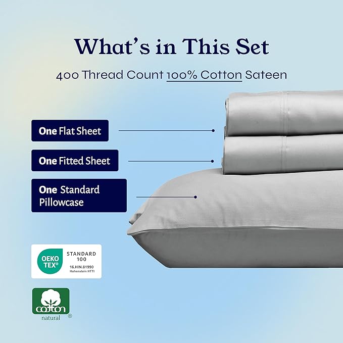 California Design Den Natural 100% Cotton Sheets, Twin XL Sheets Set, 400 Thread Count Sateen Bedding for Dorm Rooms & Adults, Deep Pockets, Durable - Light Grey