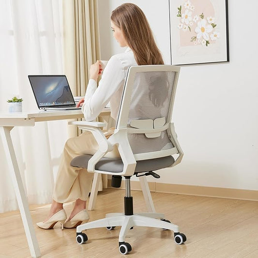 Your Perfect Home Office & Study Companion: Ergonomic Mesh Chair with Adjustable Lumbar, Flip-Up Arms & Tilt Lock - Modern Grey, 400lb Capacity, Durable & Comfortable