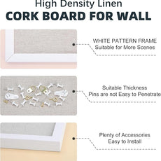 OWLKELA 24'' x 36'' Linen Bulletin Board, White Framed Corkboard, White Oak Frame Linen Cork Board, Vision Board and Decorative Hanging Pin Board