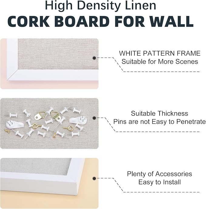 OWLKELA 24'' x 36'' Linen Bulletin Board, White Framed Corkboard, White Oak Frame Linen Cork Board, Vision Board and Decorative Hanging Pin Board