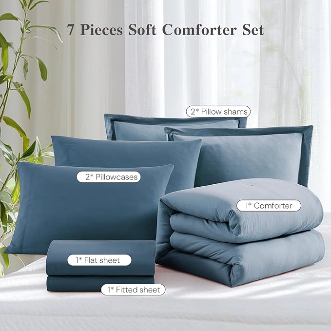 WRENSONGE King Size Comforter Set- 7 Pieces Soft Oxford Blue Bed in a Bag King with Fitted Sheet, Flat Sheet, 2 Pillow Shams, and 2 Pillowcases-Warm King Bedding Set for All Season