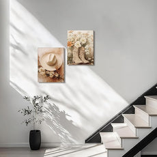 Floral Cowgirl Boots Canvas Wall Art Set of 2, Cowboy Hat with Flower Wall Decor Paintings, Trendy Preppy Western Aesthetic Prints Pictures, for Girls Bedroom Living Room Dorm 16x24 inch Framed