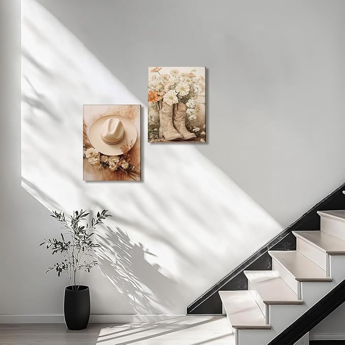 Floral Cowgirl Boots Canvas Wall Art Set of 2, Cowboy Hat with Flower Wall Decor Paintings, Trendy Preppy Western Aesthetic Prints Pictures, for Girls Bedroom Living Room Dorm 12x16 inch Framed