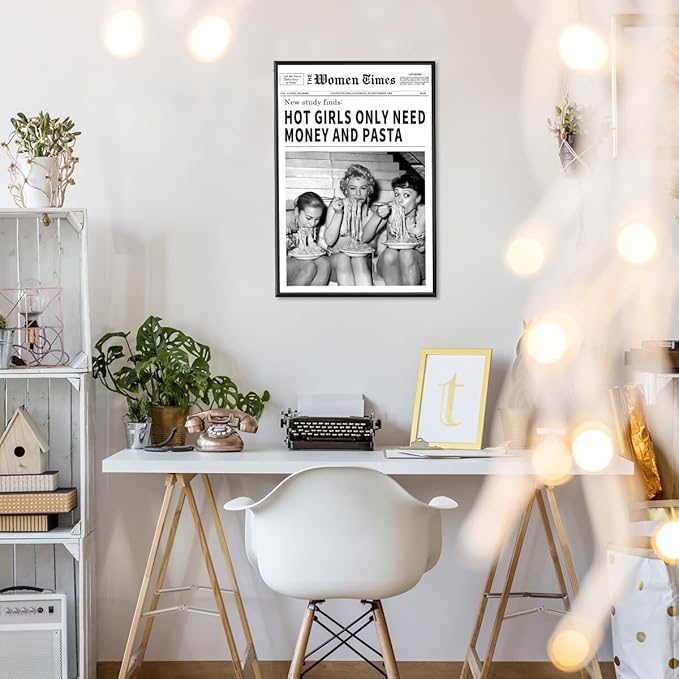 Vintage Women Times Newspaper Canvas Wall Art Black and White Aesthetic Poster Funky Hot Girl Eating Pasta Fashion Prints for Italian Kitchen Bar Cart Girly Dorm Room Art Posters 24x36inch black framed