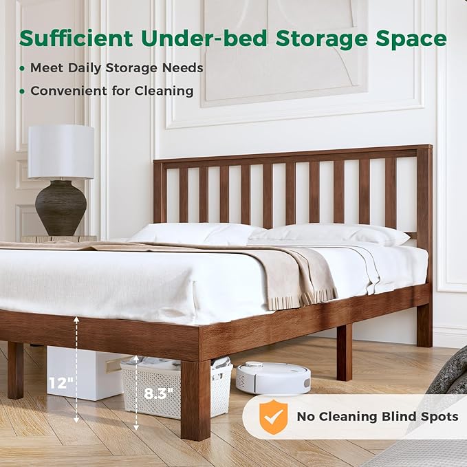 DELAVIN Solid Wood Queen Size Bed Frame with Headboard, Malaysian Oak Platform Bed Frame, Mid Century Modern Bedframe, No Box Spring Needed, Easy Assembly, Queen, Antique Espresso