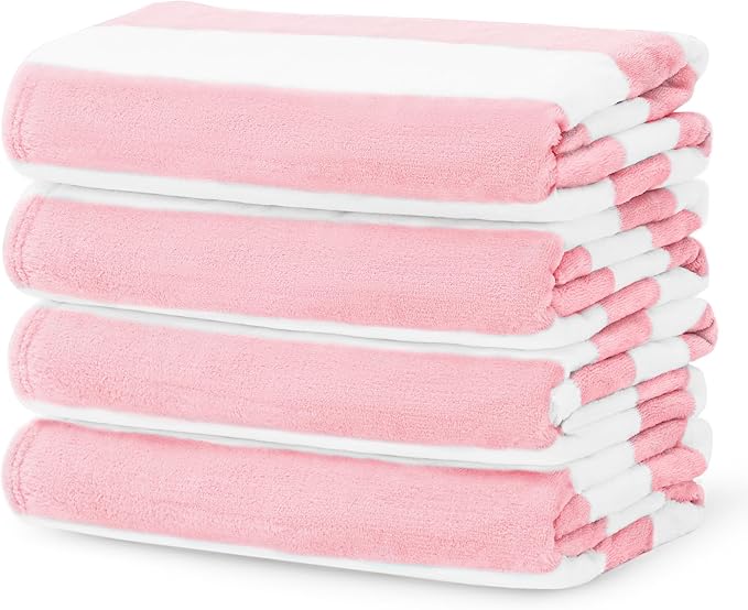 Touchat 4 Pack Cabana Stripe 250GSM Polyester Lightweight Quick-Dry Beach Towel & Blanket Combo- 30'' x 60'' Compact Travel Towel for Pool, Camping, Gym, Yoga | Ultra-Portable, Multi-Functional，Pink