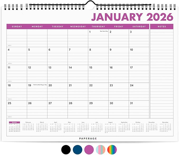 PAPERAGE 2026 Calendar, 12 Months (January 2026 - December 2026), Medium (11.5 in x 14.75 in), Minimalist Wall and Desk Calendar with Monthly Views, Yearly Plans & Notes Section – Raspberry