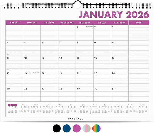 PAPERAGE 2026 Calendar, 12 Months (January 2026 - December 2026), Medium (11.5 in x 14.75 in), Minimalist Wall and Desk Calendar with Monthly Views, Yearly Plans & Notes Section – Raspberry
