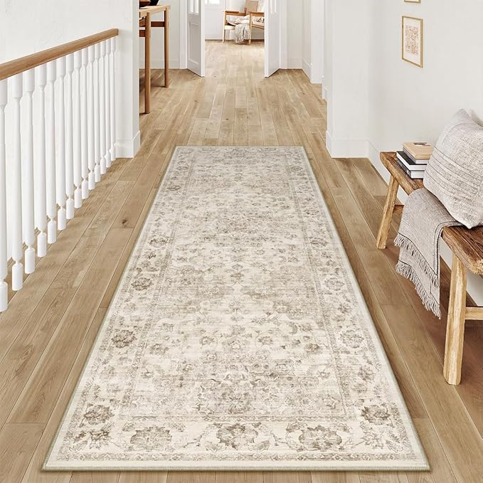2x6 Washable Neutral Runner Rug Beige Vintage Hallway Kitchen Carpet Non-Slip Soft Low Pile Floral Throw Rug for Bedroom Bathroom Laundry Living Room