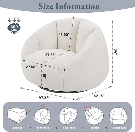 Swivel Giant Bean Bag Chair for Adults - Comfy Plush Round Shell Soft Accent Chair, Oversized Cozy Floor Sofa for Living Room, Bedroom & Game Rooms, Beige