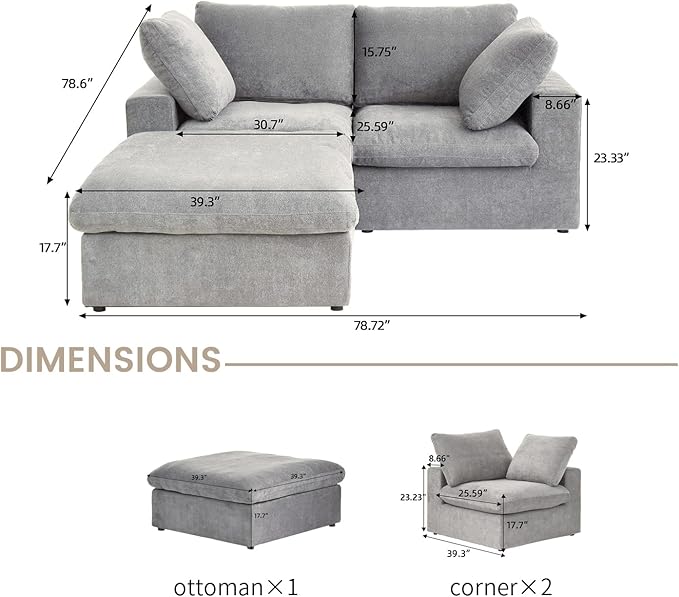 Cloud Couch Modular Sectional Sofa for LivingRoom, 80.3" Down Filled L Shaped Couch, 2 Seater+ 1 Storage Ottoman Convertible Funiture for Apartment(Grey, LoveSeat+1 Ottoman)