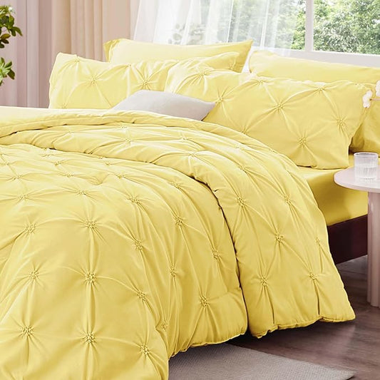 BEDELITE Light Yellow Queen Comforter Set - 3 Pieces Boho Pintuck Bedding Comforter Sets, Lightweight Soft & Warm Bed Comforter Queen with 2 Pillowcases for All Season