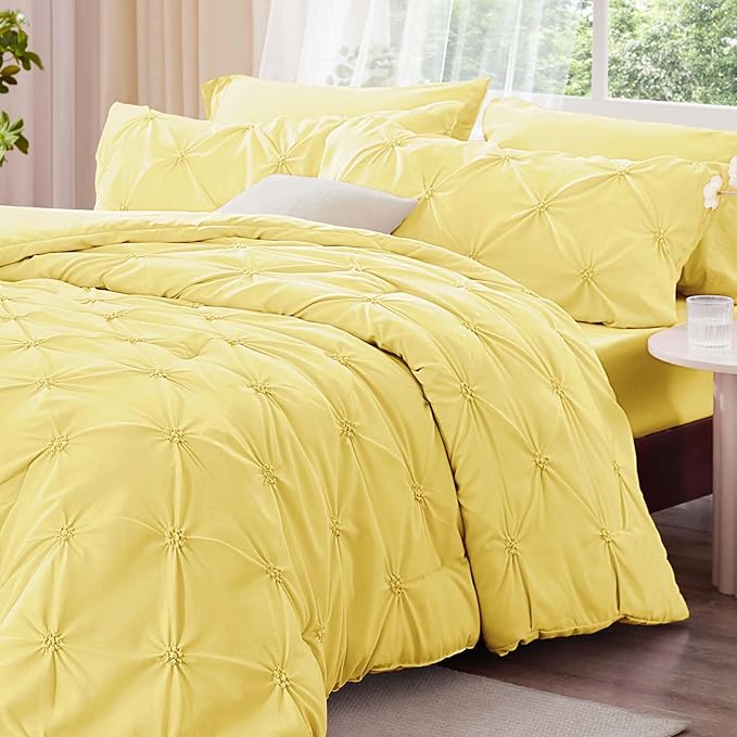 BEDELITE Light Yellow Twin Comforter Set - 2 Peices Boho Pintuck Bedding Comforter Sets, Lightweight Soft & Warm Twin Bedding Sets with 1 Pillowcase for All Season