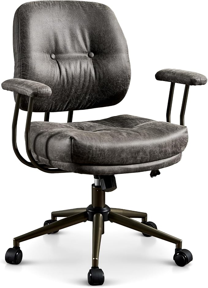 ovios Ergonomic Office Chair, Mid Back Faux Leather Executive Chairs with Thick Cushion, Comfy Mid-Century Modern Swivel Rolling Computer Armchair (Dark Grey, Suede Leather)