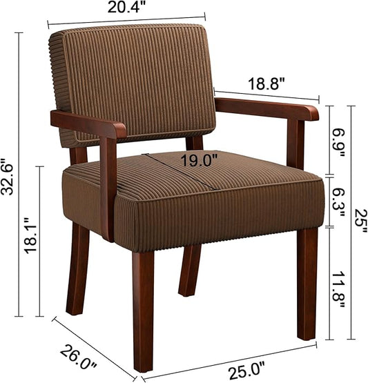 Corduroy Accent Chair, Mid Century Modern Armchairs with Solid Wood Frame, Oversized Reading Leisure Chair for Living Room, Bedroom (Corduroy Brown, One Chair)