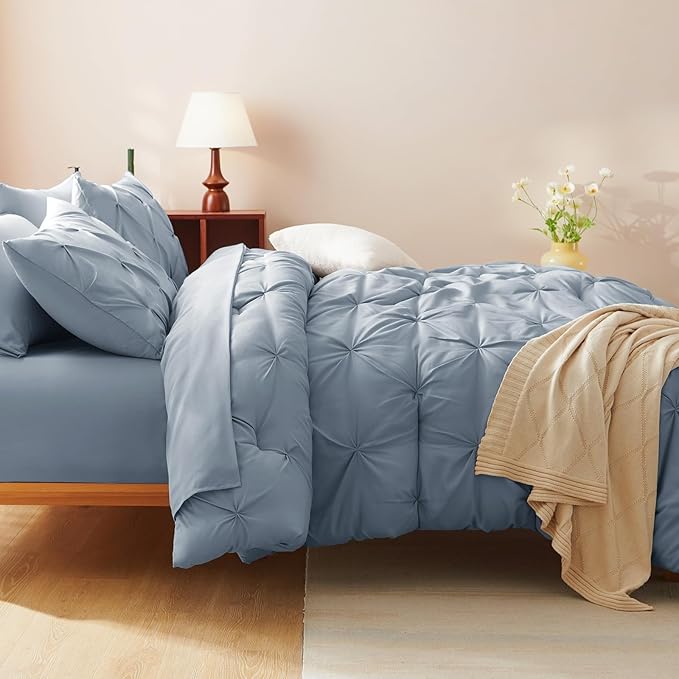 CozyLux Full Size Comforter Sets Grayish Blue, 7 Pieces Pintuck Bed in A Bag Blue Comforter Full Size, Pinch Pleat Bedding Sets with All Season Comforter, Sheets, Pillowcases & Shams