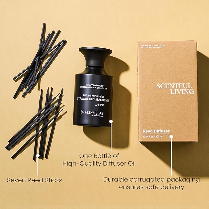 M&SENSE Reed Diffuser Set, 10.14 fl oz Large Reed Diffuser, Strawberry Gardenia Scented with Natural Essential Oils, Long Lasting with 7 Sticks, Non-Toxic Home Fragrance Reed Diffuser for Bedroom
