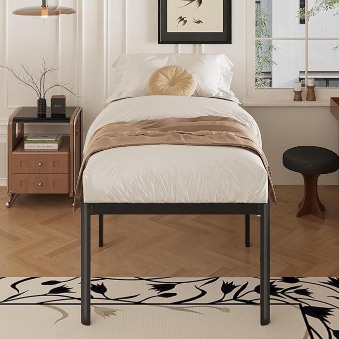 24 Inch High Twin Bed Frames with Rounded Corner Legs, Heavy Duty Metal Twin Size Platform Bed Frame No Box Spring Needed, Easy Assembly, Noise Free, Black