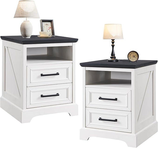 ACCOHOHO 18" Farmhouse Nightstand Set of 2 with Charging Station,End Table with 2 Drawers Storage,Side Table,Bedside Cabinet for Bedroom,Living Room, Withe