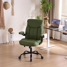 Office Chair, Ergonomic Computer Chair with Flip-up Arms Home Desk Chairs Comfy PU Leather Executive Mid Back Support Adjustable Height Tilt Lock Swivel Rolling Wheels, Green