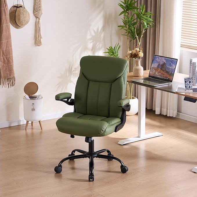 Office Chair, Ergonomic Computer Chair with Flip-up Arms Home Desk Chairs Comfy PU Leather Executive Mid Back Support Adjustable Height Tilt Lock Swivel Rolling Wheels, Green