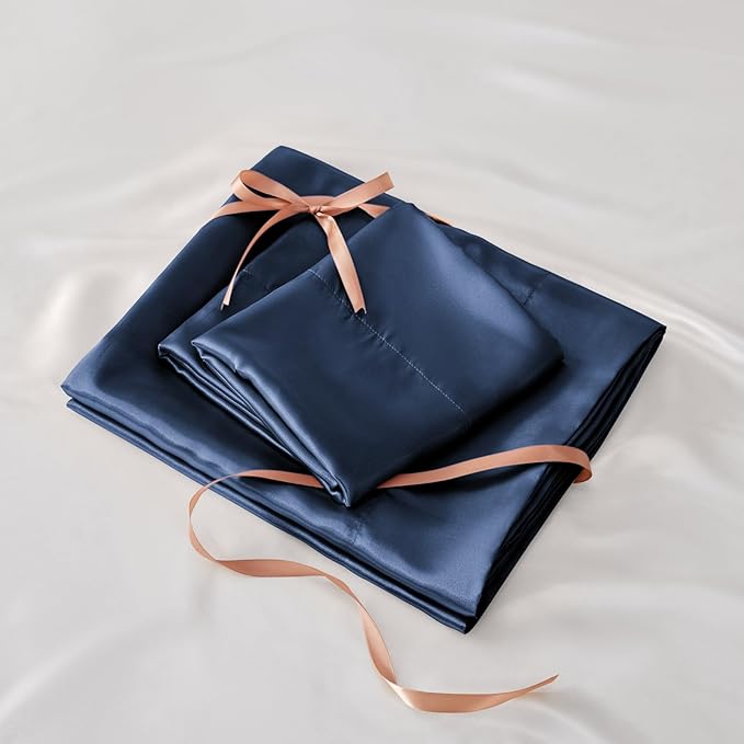 BEDELITE King Size Sheets Set, Luxury Soft Navy Satin Sheets for Hair and Skin, Similar to Silk Bed Sheets Set 4 Pieces with 1 Deep Pocket Fitted Sheet, 1 Flat Sheet, and 2 Pillowcases