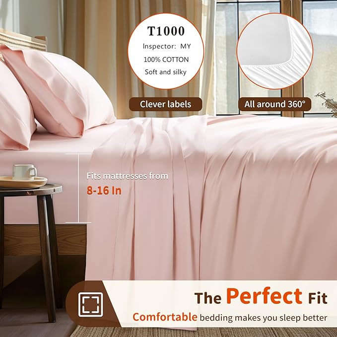 LBRO2M 1000 Thread Count 100% Egyptian Cotton Sheets Set King Size, 4 Piece Sets Bed Sheet Deep Pocket Sheet Set 16" Soft Comfortable All Season (King, Pink)