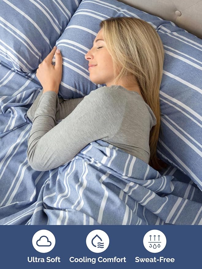 Extra Deep Pocket Cal King Sheets - 4 Piece Breathable & Cooling Bed Sheets - Hotel Luxury Bed Sheet Set - Soft, Wrinkle Free & Comfy - Easily Fits Extra Deep Mattresses - Blue Striped Sheets Set