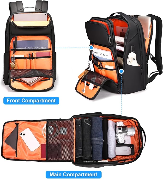 FENRUIEN 17 Inch Travel Backpack for Men, Expandable Water Resistant Computer Backpack with USB Port, Black Laptop Bag for Business/College/Work