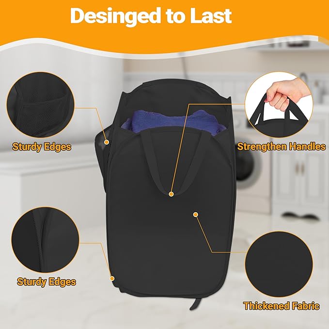 Pop Up Laundry Hamper with Side Pockets, Foldable Laundry Basket Reinforced, Privacy Protection Collapsible Basket, Sturdy and Lightweight Clothes Hamper for Dorm, Bedrooms, Bathrooms, Travel black