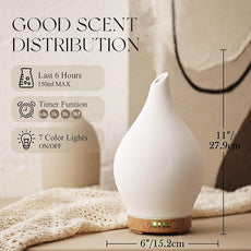 Porseme 150ml Essential Oil Diffuser Ceramic Color Changing Aroma Air Diffusers Aromatherapy Ultrasonic Cool Mist Humidifier 6 Running Hours for Spa Office Sleeping Yoga (White Ceramic)