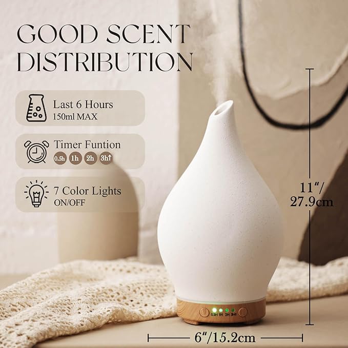 Porseme 150ml Essential Oil Diffuser Ceramic Color Changing Aroma Air Diffusers Aromatherapy Ultrasonic Cool Mist Humidifier 6 Running Hours for Spa Office Sleeping Yoga (White Ceramic)